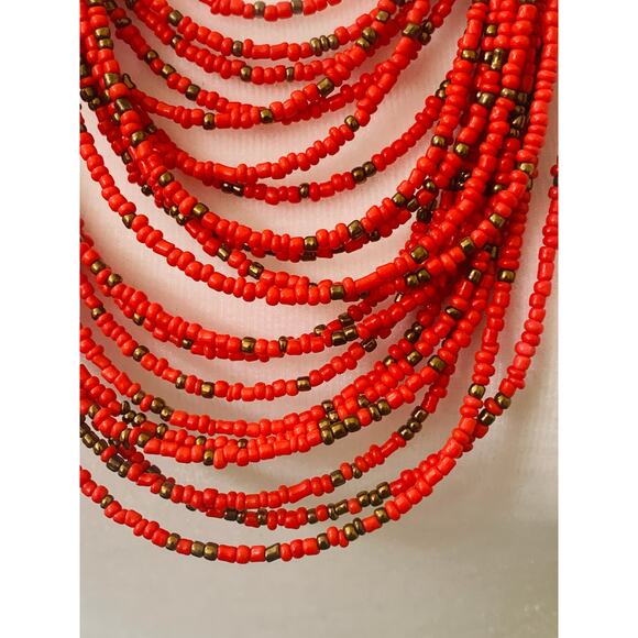 20 Strand Red Beaded Necklace, Seed Beads - Picture 2 of 6